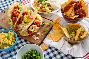 Tacos and Nacho Chips Blue Checkered Tablecloth Photo Photograph Cool Wall Decor Art Print Poster 18x12