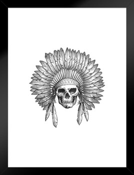 The Chief Native American Indian Skull in Headdress Black White Matted Framed Art Print Wall Decor 20x26 inch