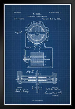 Nikola Tesla Electro Magnetic Motor 1888 Official Patent Blueprint Electrical Engineer Inventor Science Classroom Educational Chart Sign Black Wood Framed Art Poster 14x20