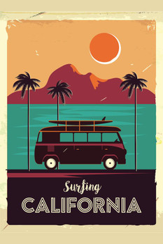 Surfing Poster California Coastline Van Surf Travel Beach Beachy Tropical Paradise Sea Art Graphic Sand Waves Vintage Retro Cool Wall Decor Art Print Poster 24x36