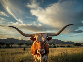 Laminated Texas Longhorn Bull Standing in Pasture Close Up Photo Photograph Poster Dry Erase Wall Art 18x12