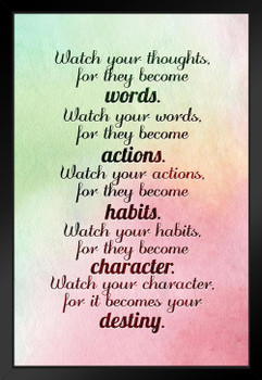 Watch Your Thoughts Watercolor Motivational Inspirational Teamwork Quote Inspire Quotation Gratitude Positivity Support Motivate Sign Good Vibes Social Work Black Wood Framed Art Poster 14x20