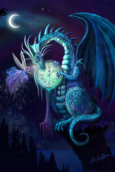 Blue Time Dragon with Fairy Friend by Rose Khan Cool Wall Decor Art Print Poster 24x36