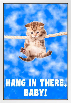 Hang In There Baby! Kitten Hanging From Rope Retro Motivational Inspirational Teamwork Quote Inspire Quotation Positivity Support Motivate Sign Good Vibes White Wood Framed Art Poster 14x20