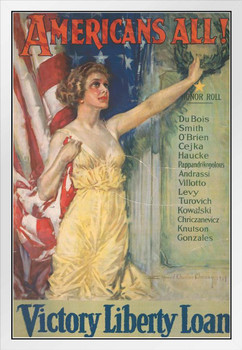 WPA War Propaganda Americans All Victory Liberty Loan WWII Motivational White Wood Framed Poster 14x20