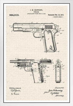 Handgun 1910 Official Patent Office Tan Color Blueprint Diagram Firearm Educational Decoration Improved Revolver Design White Wood Framed Art Poster 14x20