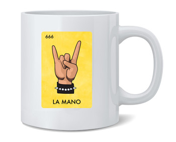 La Mano Mexican Lottery Parody Devil Horns Metal Ceramic Coffee Mug Tea Cup Fun Novelty Gift 12 oz