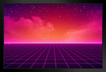80s Neon Lights Grid Vaporwave Retro SciFi Digital Cyber Video Game Futuristic 1980s Galaxy Universe Landscape Background Art Print Stand or Hang Wood Frame Display 9x13