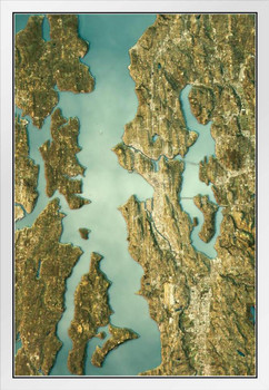 Seattle Washington Satellite View Topographic Map Landscape Photo Photograph White Wood Framed Poster 14x20