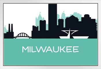 Milwaukee Wisconsin Skyline Retro Drawing Poster Buildings Bridge Kinnickinnic River Artwork White Wood Framed Art Poster 20x14