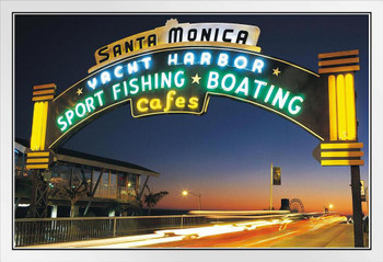 Santa Monica Yacht Harbour Sign Illuminated Los Angeles California Photo Photograph White Wood Framed Poster 20x14