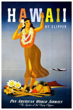 Hawaii by Clipper Hula Girl Vintage Travel Print Beach Sunset Palm Landscape Pictures Ocean Scenic Scenery Tropical Nature Photography Paradise Scenes Thick Paper Sign Print Picture 8x12