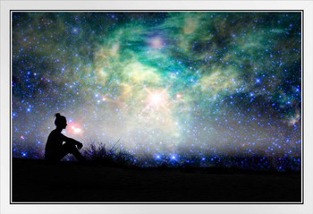 Silhouette Of A Woman Sitting Outside Starry Night Background White Wood Framed Poster 20x14