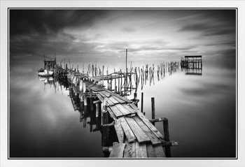 Pier in the Seubal District of Portugal B&W Photo Photograph White Wood Framed Poster 20x14