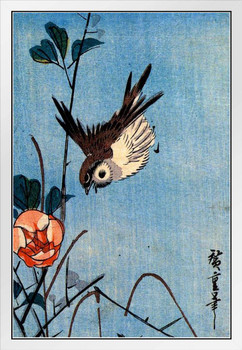 Utagawa Hiroshige Sparrow and Wild Roses Japanese Art Poster Traditional Japanese Wall Decor Hiroshige Woodblock Landscape Artwork Animal Nature Asian Print White Wood Framed Art Poster 14x20