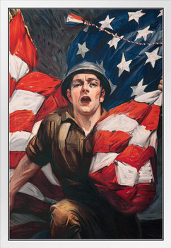 World War I Soldier and United States Flag Patriotic White Wood Framed Poster 14x20