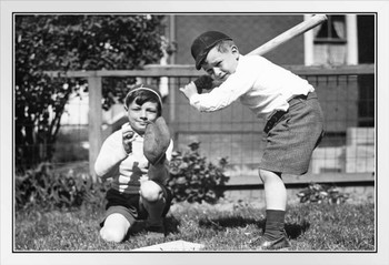 Two Young Boys Playing Baseball in Garden Yard Black and White B&W Photo Photograph White Wood Framed Poster 20x14