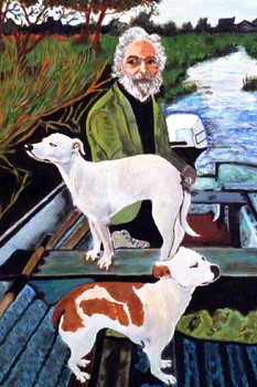 Man in Boat With Dogs Movie Painting Poster Motorboat On Water Film Stretched Canvas Art Wall Decor 16x24