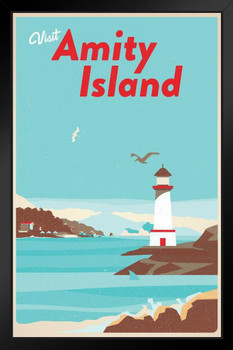 Visit Amity Island Massachusetts Fantasy Travel Retro Vintage Shark Fin Shark Attack Lighthouse Beach Art Print Stand or Hang Wood Frame Display 9x13