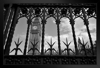 What Lies Beyond Big Ben Through Iron Gate London Black And White Photo Art Print Stand or Hang Wood Frame Display Poster Print 13x9