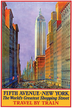 Fifth Avenue New York City Vintage Travel Print Stretched Canvas Wall Art 16x24 inch