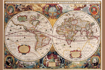 World Map Poster 17th Century Antique Vintage Historic Educational Classroom Globe Projection Stretched Canvas Art Wall Decor 16x24