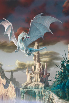 Hobsy Attack Silver Dragon Flying Over Castle by Ciruelo Fantasy Painting Gustavo Cabral Stretched Canvas Art Wall Decor 16x24