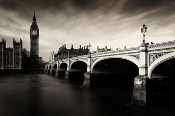 Stark London Big Ben Westminster Bridge Parliament B&W Photo Print Stretched Canvas Wall Art 24x16 inch