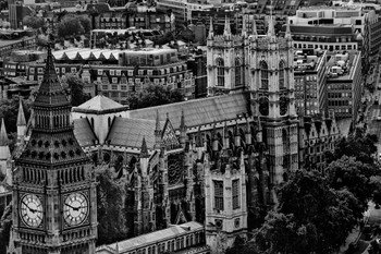 London Skyline View Big Ben and Westminster Abbey Black and White B&W Photo Print Stretched Canvas Wall Art 24x16 inch