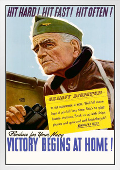 WPA War Propaganda Hit Hard Hit Fast Hit Often Victory Begins at Home Produce Navy White Wood Framed Poster 14x20