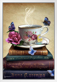 Tea and Books by Brigid Ashwood White Wood Framed Poster 14x20