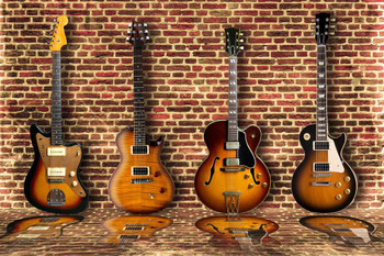 Four Electric Guitars Arranged on Brick Wall Photo Print Stretched Canvas Wall Art 24x16 inch