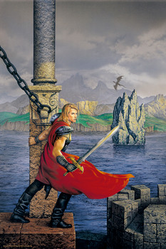Bedwyr Knight With Sword Armor in Red Cape Awaiting Dragon by Ciruelo Fantasy Painting Gustavo Cabral Cool Wall Art Print Poster 12x18