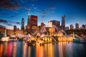 Buckingham Fountain Chicago Illinois at Twilight Photo Print Stretched Canvas Wall Art 24x16 inch