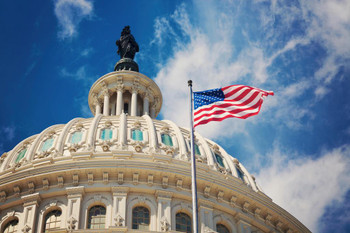 United States Capitol Dome with Flag Washington Photo Print Stretched Canvas Wall Art 24x16 inch