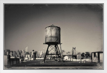 A Rusty Water Tower on a Rooftop of Queens New York City NYC Photo Photograph White Wood Framed Poster 20x14