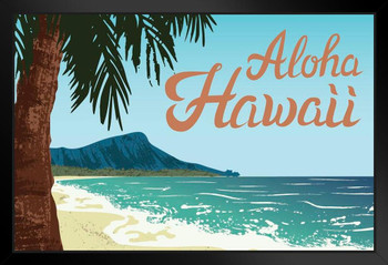 Waikiki Beach Oahu Island Aloha Hawaii Palm Tree Surf Vintage Art Print Stand or Hang Wood Frame Display Poster Print 9x13