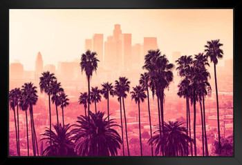 Los Angeles California Downtown Buildings Skyline Orange Red Pink Color Hues Tropical Palm Trees Artistic Photo Art Print Stand or Hang Wood Frame Display Poster Print 13x9