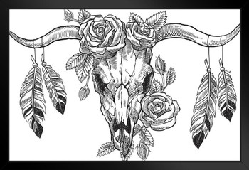 Bull Skull With Roses and Feathers Bull Pictures Wall Decor Longhorn Picture Longhorn Wall Decor Bull Picture of a Cow Skull Picture Bull Horns for Wall Stand or Hang Wood Frame Display 9x13