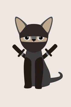 Ninja Cat Cute Funny Hooded Feline Warrior Black Camouflage Outfit with Swords Cool Wall Decor Art Print Poster 12x18