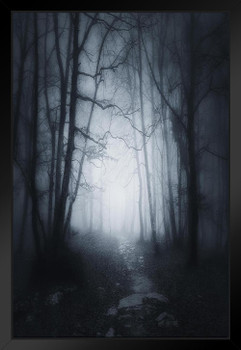 Scary Forest Path In Dark Woods Black White Photo Poster Nature At Night Horror Halloween Decoration Black Wood Framed Art Poster 14x20