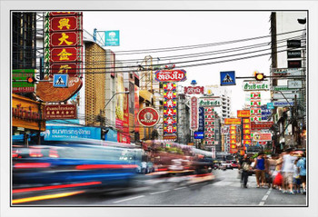 Bustling Street in China Town Bangkok Thailand Photo Photograph White Wood Framed Poster 20x14