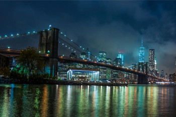 New York City NYC Manhattan Brooklyn Bridge Skyline At Night Photo Stretched Canvas Wall Art 16x24 inch