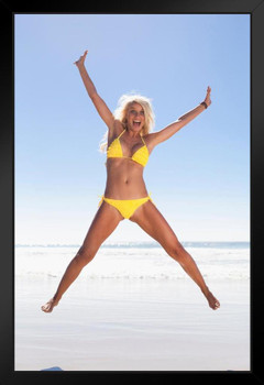 Beautiful Woman Jumping for Joy on Beach Bikini Photo Photograph Art Print Stand or Hang Wood Frame Display Poster Print 9x13