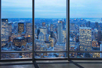 New York City Skyline Through Window at Dusk Photo Print Stretched Canvas Wall Art 16x24 inch