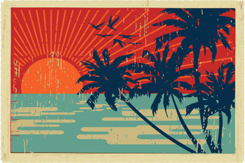 Tropical Island Palm Trees Sunset Vintage Postcard Stretched Canvas Wall Art 16x24 inch