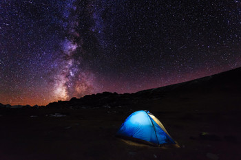 Blue Tent in the Mountains at Night Under Stars Photo Photograph Cool Wall Decor Art Print Poster 18x12