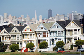 San Francisco Alamo Square Victorian Row Houses Photo Print Stretched Canvas Wall Art 24x16 inch