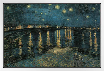 Vincent van Gogh Starry Night Over Rhone Poster 1888 Stars Over Arles France Dutch Post Impressionist Painting White Wood Framed Art Poster 14x20