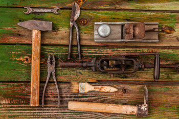 Vintage Woodworking Workshop Tools Photo Poster Wooden Table Antique Hardware Photo Photograph Stretched Canvas Art Wall Decor 24x16